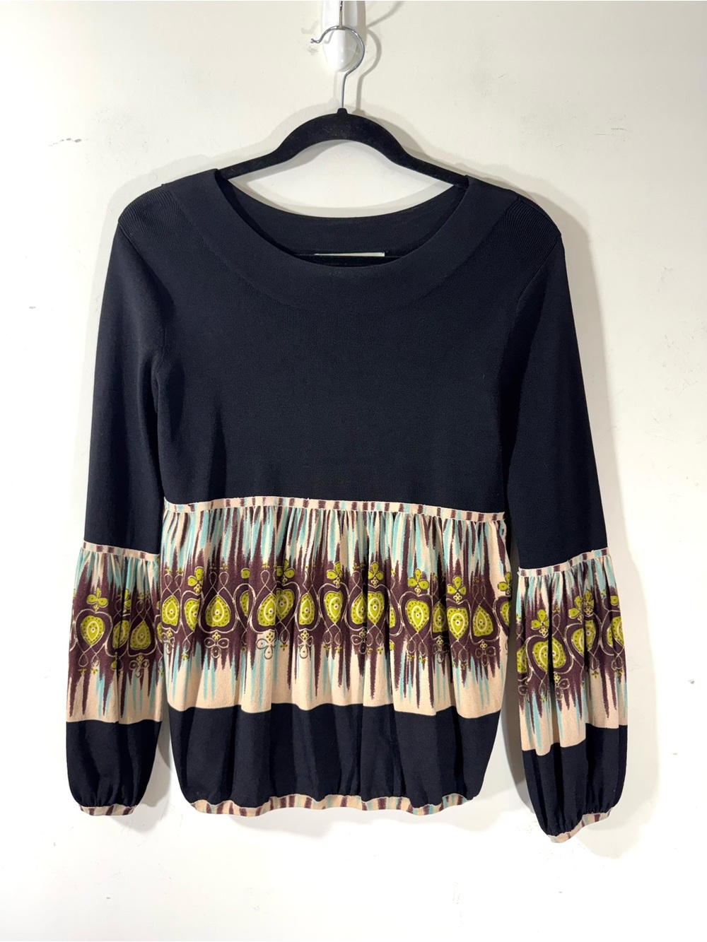 Joseph A lantern sleeve black top ethnic print XL